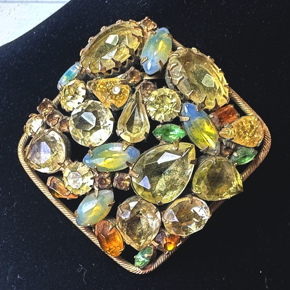 Vintage Juliana D&E Style‎ Brooch Gold Tone Fruit Salad Uranium Rhinstone Pin